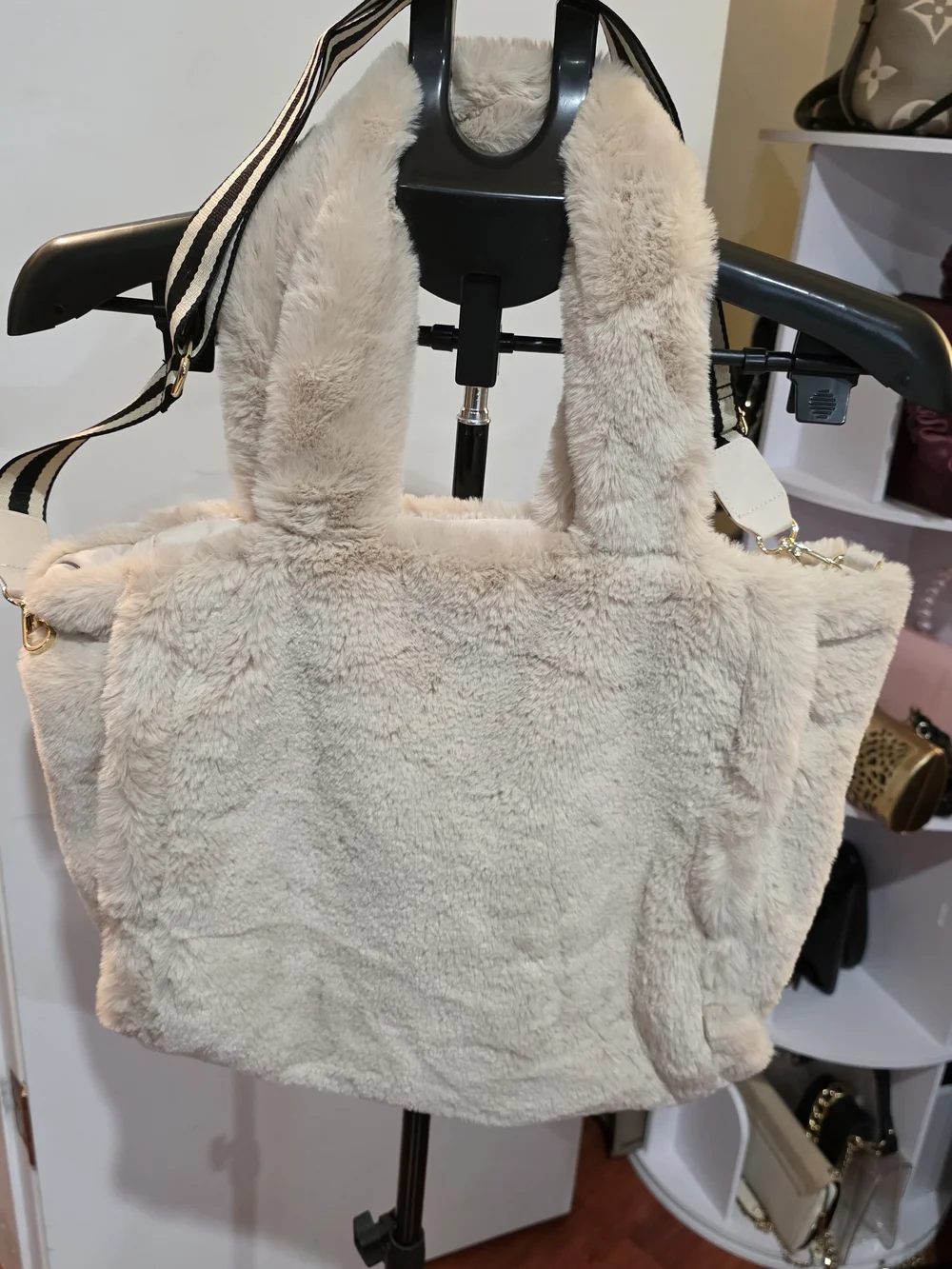 & Other Stories Plush Faux Fur Tote in Light Beige with Striped Strap